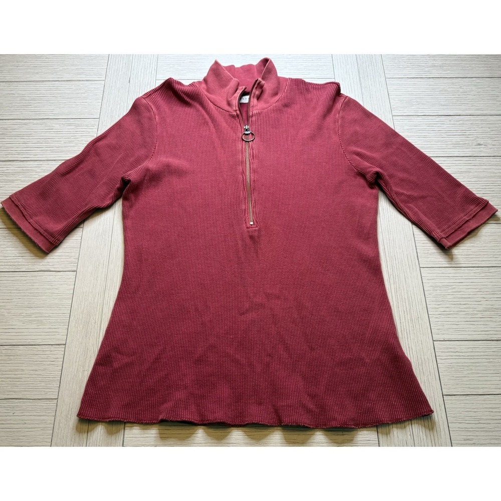 VTG Fitigues Waffle Thermal Half Zip Mock Neck Top‎ Blouse Red 90s XL Soft Boho